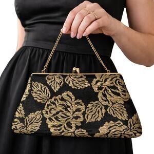 Vintage 60s Black Metallic Gold Brocade Clutch Chain Purse